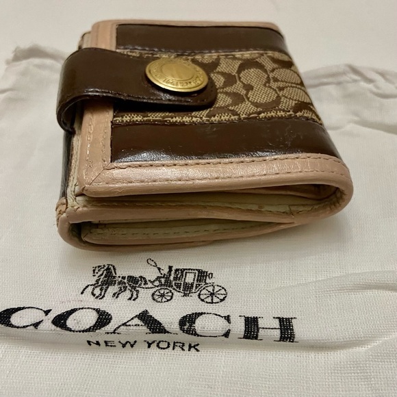 Coach Brown Mono Canvas-Beige- BrownLeather Trifold Compact Wallet with Dust Bag - Picture 3 of 12